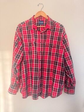 Vintage Wrangler Western Pearl Snap Shirt Large Red Black Plaid Cowboy